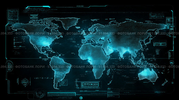 World map with detailed geographic features and grid layout displayed on a vibrant blue background. Стоковое AI-изображение, AI-художник Михаил Коханчиков / Фотобанк Лори