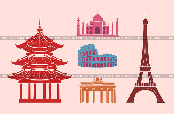World sights travel stickers set. Indian Taj mahal, Roman Colosseum, German Triumphal arch, Paris Eiffel Tower, Chinese temple vector illustrations.. SFamous Sights and Attractions on Travel Stickers. Стоковая иллюстрация, агентство Ingram Publishing / Фотобанк Лори