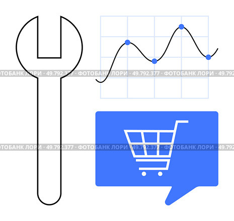 Wrench, line graph with data points, and shopping cart icon in a speech bubble representing tools, analysis, and e-commerce. Ideal for online business, sales strategy, market analysis, data-driven. E-commerce Optimization Wrench, Line Graph, and Shopping Cart in Speech Bubble. Стоковая иллюстрация, агентство Ingram Publishing / Фотобанк Лори