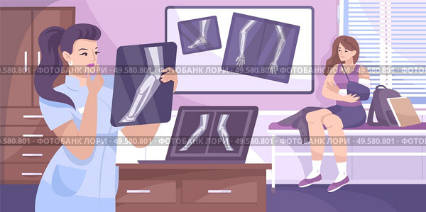 X ray fracture composition doctor examines an x-ray of his patient with a bruised arm vector illustration. Стоковая иллюстрация, агентство Ingram Publishing / Фотобанк Лори