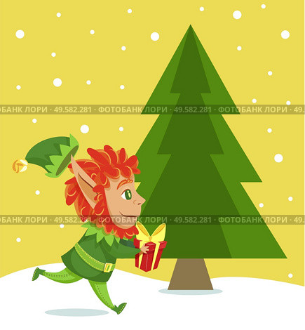 Xmas character with present in hands passing christmas tree. Elf running with gift decorated with wrapping paper and bow. Hurrying pixie with red hair. Snowfall in forest, vector in flat style. Elf Running with Giftbox Passing Pine Tree Spruce. Стоковая иллюстрация, агентство Ingram Publishing / Фотобанк Лори
