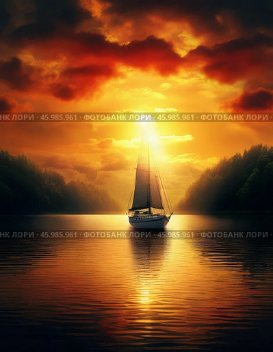 Yacht against the rising sun. River landscape. Стоковое AI-изображение, AI-художник Сергей Елизарьев / Фотобанк Лори