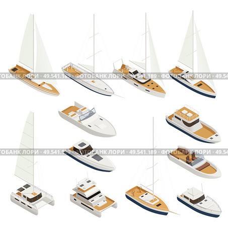 Yachting isometric and colored icon set with different types and sizes of boats vector illustration. Стоковая иллюстрация, агентство Ingram Publishing / Фотобанк Лори