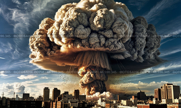 Ядерный взрыв с грибовидным облаком. Nuclear explosion with mushroom cloud. Стоковое AI-изображение, AI-художник Гер Олег / Фотобанк Лори