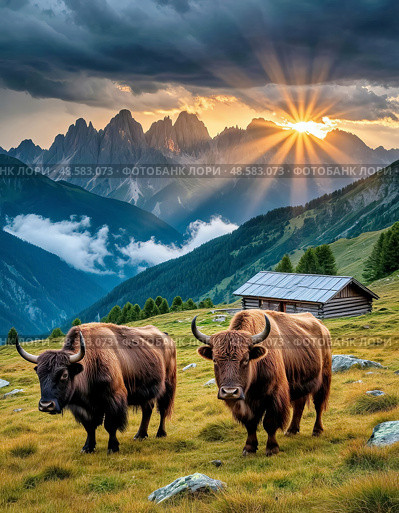 Yak (Cashmere, Mongolian, Tibetan bull) (lat. Bos mutus) is an even-toed ungulate mammal from the genus of true bovines of the Bovidae family. The yak's homeland is Tibet, where it is used as a pack and meat animal. Стоковое AI-изображение, AI-художник Сергей Елизарьев / Фотобанк Лори