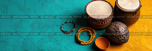 Яркий бразильский маракату с традиционными барабанами и бусами для оформления культурного праздника. Стоковое AI-изображение, AI-художник ФотоИнтеллект / Фотобанк Лори