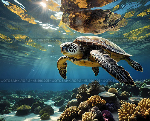 Яркий тропический мир кораллового рифа. Черепаха. The vibrant tropical world of the coral reef. Стоковое AI-изображение, AI-художник Гер Олег / Фотобанк Лори
