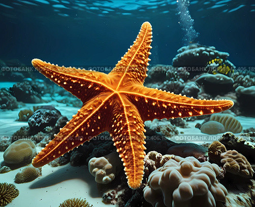 Яркий тропический мир кораллового рифа. Звезда.The vibrant tropical world of the coral reef. Стоковое AI-изображение, AI-художник Гер Олег / Фотобанк Лори