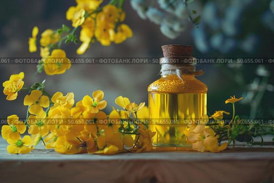 Yellow flowers essence extracted in a small glass bottle with cork. Стоковое AI-изображение, AI-художник Иван Рябоконь / Фотобанк Лори