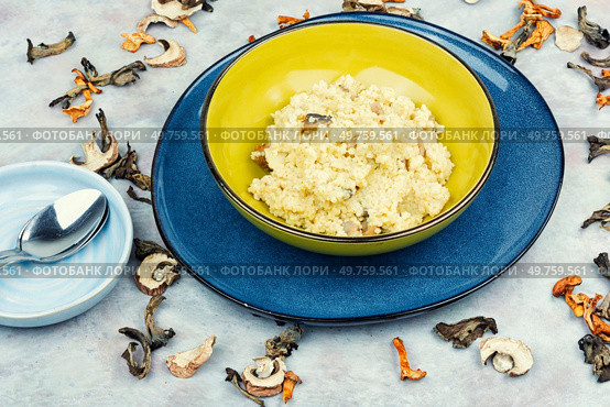 Yellow millet grain porridge with mushrooms. Vegan healthy food.. Tasty millet porridge with roasted mushrooms. Стоковое фото, агентство Ingram Publishing / Фотобанк Лори