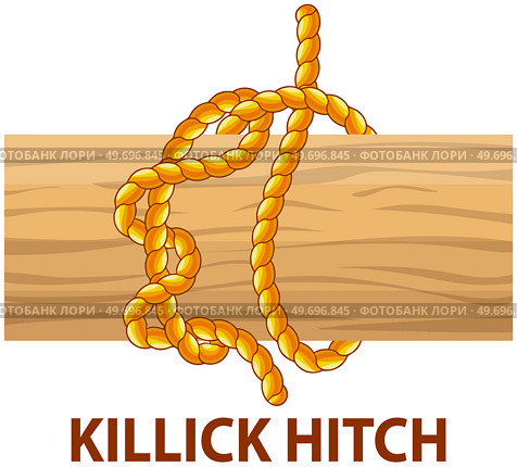 Yellow nautical rope knot, interweaving of ropes, cables, tapes or other flexible linear materials. Killick hitch isolated on white. Household binding and fastening unit for permanent fastening. Yellow nautical rope knot, interweaving of ropes, cables, tapes or other flexible linear materials. Стоковая иллюстрация, агентство Ingram Publishing / Фотобанк Лори