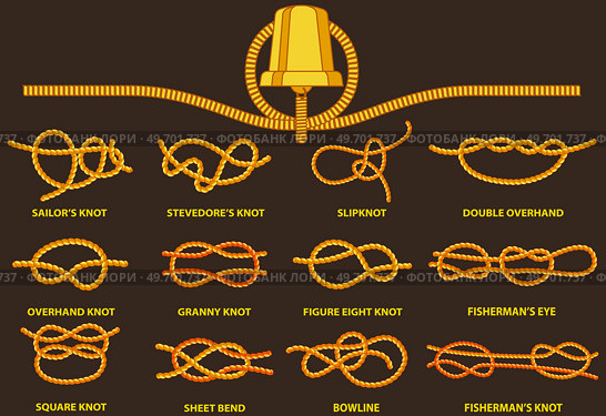 Yellow nautical rope knot, interweaving of ropes, tapes or other flexible linear materials. Twisted tape set of rope knots, hitches, bows, bends. Fastening any tackle or connection between two cables. Yellow nautical rope knot, interweaving of ropes, cables, tapes or other flexible linear materials. Стоковая иллюстрация, агентство Ingram Publishing / Фотобанк Лори