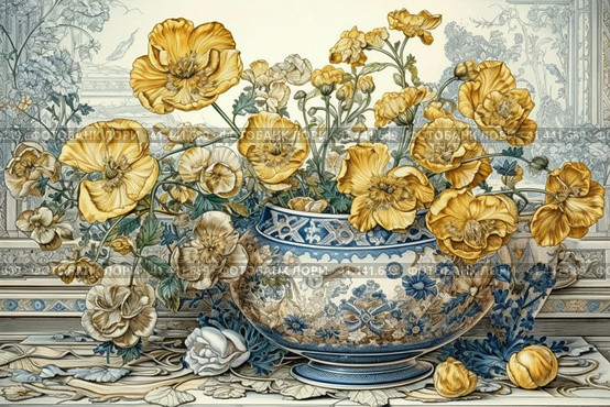 Yellow Trollius still life, illustration, watercolor style, Generative AI. Стоковое AI-изображение, AI-художник Анна Кривицкая / Фотобанк Лори