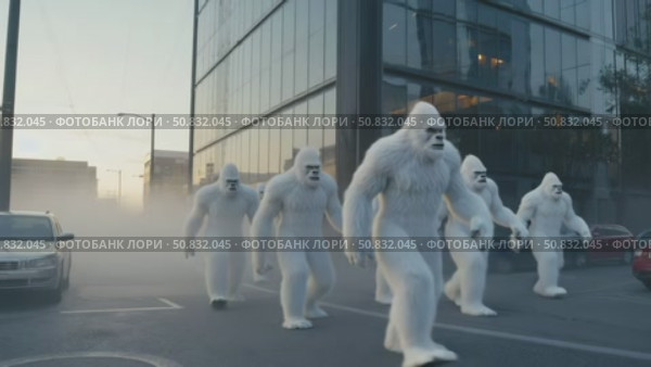 Yeti Procession: Mythical Creature Parade Across the Urban Scape. Стоковое AI-видео, аниматор Данила Большаков / Фотобанк Лори