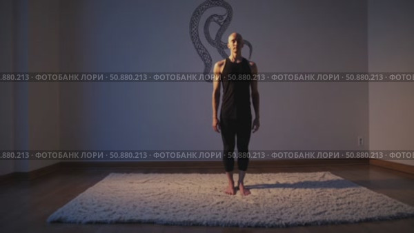Yoga practitioner performing tadasana pose on studio carpet, minimalist space featuring kundalini serpent symbol creating meditative spiritual environment. Стоковое AI-видео, аниматор Данил Руденко / Фотобанк Лори