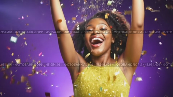 Young African American woman dancing against a purple studio background with confetti falling. Joyful woman celebrating life. Happy excited girl dance among a violet backdrop. Party Time. Medium shot. Стоковое AI-видео, аниматор Марина Демидюк / Фотобанк Лори