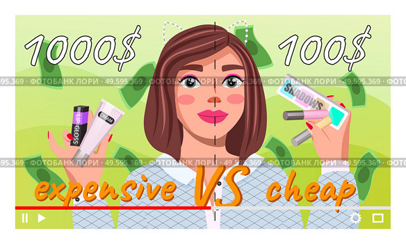 Young beautiful girl recording video about expensive and cheep cosmetics. Videoblogger. Fashion beauty blogger. Online channel concept, girl video streamer. Woman short haired talks about cosmetics. Young girl beauty blogger character showing difference between expensive and cheep cosmetics. Стоковая иллюстрация, агентство Ingram Publishing / Фотобанк Лори