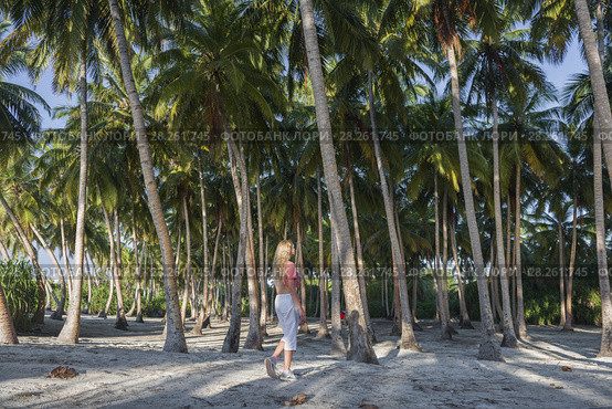 Young beautiful woman is walking in a rainforest among palm trees. Стоковое фото, фотограф Некрасов Андрей / Фотобанк Лори