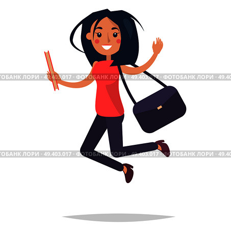 Young bouncing girl student holding ruddy book on white background. College girl dressed in red blouse, dark trousers and high heel shoes. Dark purple bag on shoulder vector illustration flat design. Young Bouncing Girl Student Flat and Shadow Theme. Стоковая иллюстрация, агентство Ingram Publishing / Фотобанк Лори