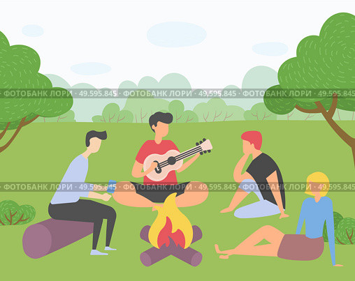 Young company of friends on picnic outside the city. Campfire gatherings, singing songs on the guitar, shoot on smartphone. Trip out of town or city park. Rest and vacation. Harvest festival in Europe. Friends on picnic outside a city, guy plays guitar, girl sits on grass, man scroll smartphone. Стоковая иллюстрация, агентство Ingram Publishing / Фотобанк Лори