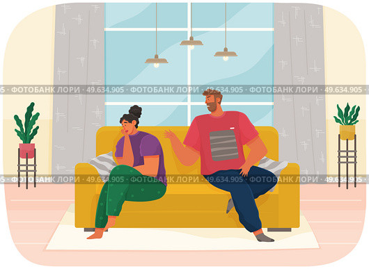 Young couple sitting on couch quarreling at home. Man and woman couple in bad relationship. Arguing, reprimanding, having argument fight. Husband and wife breakup. Family conflicts. Marriage crisis. Young couple sitting on couch quarreling at home. Angry man and woman couple in bad relationship. Стоковая иллюстрация, агентство Ingram Publishing / Фотобанк Лори