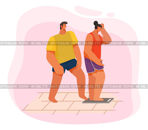 Young couple together in bathroom at home. Woman stand on scales and weigh, overweight. Lady on diet want to lose weight. Device to measure kilograms or pounds. Vector illustration in flat style. Woman Stand on Scale and Weigh, Couple in Bathroom. Стоковая иллюстрация, агентство Ingram Publishing / Фотобанк Лори