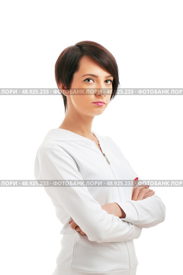Young female in sporting clothing isolated on white. Стоковое фото, агентство Ingram Publishing / Фотобанк Лори
