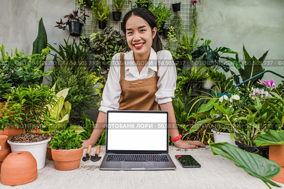 Young gardener female with Mockup monitor of Laptop computer, smartphone, shovel, pitchfork, and garden equipment arrange on desk with houseplant in workplace of greenhouse. Стоковое фото, агентство Ingram Publishing / Фотобанк Лори