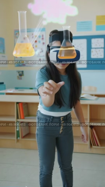 Young girl exploring virtual reality science experiment with interactive holograms. Стоковое AI-видео, аниматор Владимир Федоров / Фотобанк Лори
