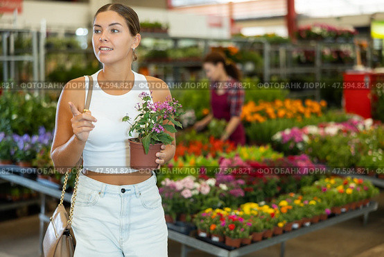 Young girl holding flower-pot with pentas in large plants market. Стоковое фото, фотограф Яков Филимонов / Фотобанк Лори