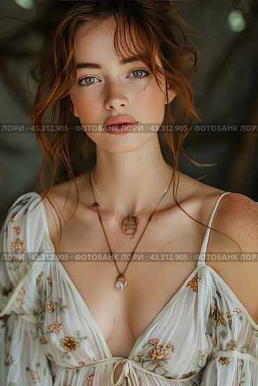 Young girl in boho style indoors with blurred background. She is wearing a lightweight blouse with a floral pattern and a plunging neckline, complete with ties at the chest. Her hair is pulled back into a messy bun with loose strands creating a romantic and natural look. The girl's face is decorated with light makeup, which emphasizes her natural beauty and blue eyes. A thin necklace with a pendant hangs around the girl’s neck. The background of the photo is blurred, which allows you to focus on the model and her outfit. Стоковое AI-изображение, AI-художник Анна Кривицкая / Фотобанк Лори