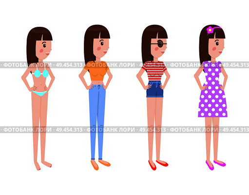 Young girl in summer clothes stands in profile set. Blue bikini, tshirts with jeans and denim shorts and vintage polkadot dress vector illustrations.. Young Girl in Summer Clothes Stands in Profile Set. Стоковая иллюстрация, агентство Ingram Publishing / Фотобанк Лори