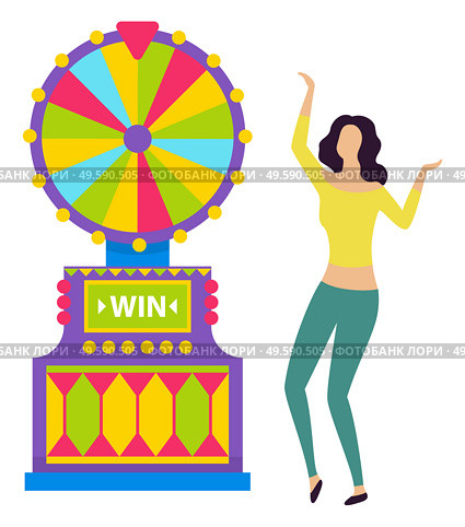 Young girl in yellow shirt and green trousers spinning colorful roulette. Lucky woman winning money in casino, game of chance, fortune wheel vector. Happy Girl Spinning Roulette Wheel and Winning. Стоковая иллюстрация, агентство Ingram Publishing / Фотобанк Лори