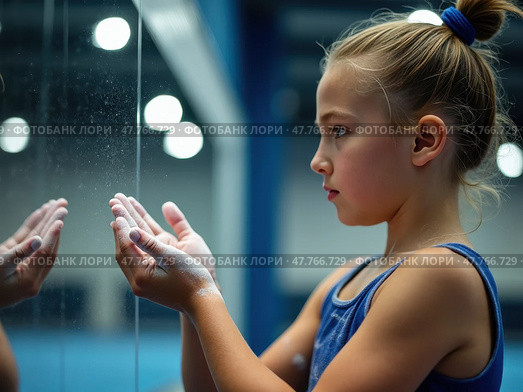 Young girl is in a gymnasium, looking at her reflection in a mirror. Стоковое AI-изображение, AI-художник Sergey Grishin / Фотобанк Лори