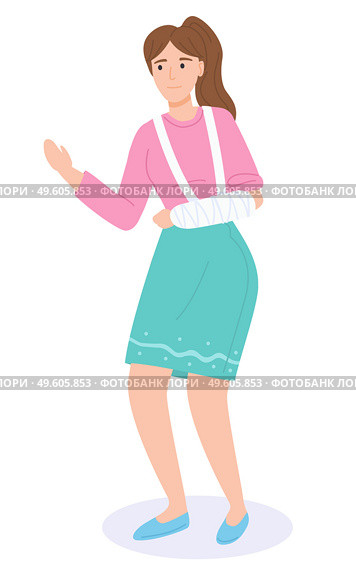 Young girl or woman in green skirt and pink blouse is standing with broken arm in cast and a bent arm at the elbow. Injury or contusion to the forearm. Traumatology, bone treatment. Flat image. Woman with injured hand in plaster. Hand with a bandage. Limb injury. Healthcare conception. Стоковая иллюстрация, агентство Ingram Publishing / Фотобанк Лори