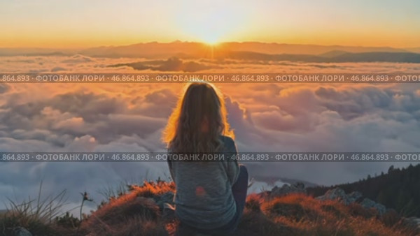 Young girl sits peacefully on top of a mountain and watches a magnificent sunset above the clouds. AI-generated item. Стоковое AI-видео, аниматор Алексей Кузнецов / Фотобанк Лори