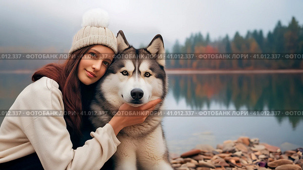 Young girl with her Siberian Husky dog sits hugging on the shore of a mountain lake on an autumn evening. Стоковое AI-изображение, AI-художник Мария Мороз / Фотобанк Лори