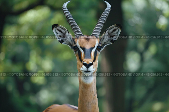 Young impala gazelle posing in the forest. Стоковое AI-изображение, AI-художник Иван Рябоконь / Фотобанк Лори