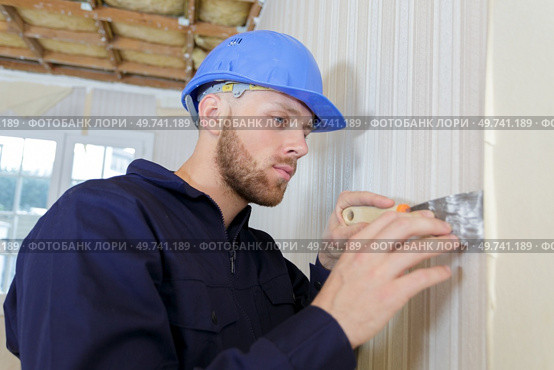 young male builder stripping wallpaper with a scraper. Стоковое фото, агентство Ingram Publishing / Фотобанк Лори