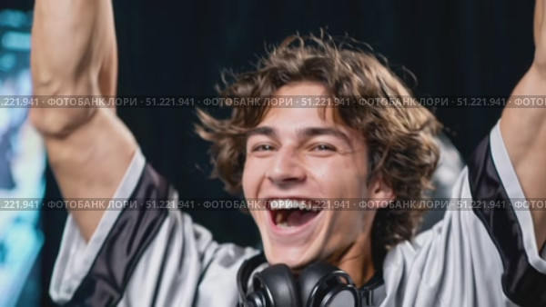 Young male gamer celebrating victory, wearing gaming headset and raising arms triumphantly after winning competitive esports match, displaying pure gaming excitement. Стоковое AI-видео, аниматор Юрий Поздников / Фотобанк Лори