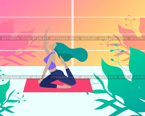 Young Man and woman meditate, sitting in yoga posture, performing aerobics exercise at home. Physical and spiritual practice yoga lesson. Mental health concept. Vector illustration cartoon. Young Man and woman meditate, sitting in yoga posture, performing aerobics exercise at home. Physical and spiritual practice yoga lesson. Mental health concept. Vector illustration. Стоковая иллюстрация, агентство Ingram Publishing / Фотобанк Лори