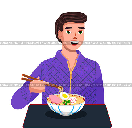 Young man eating noodles with chopsticks. Male character sitting at a table with plate of vermicelli with meat and vegetable and using chopsticks. Asian restaurant visitor dines national japanese food. Young man eating noodles with chopsticks. Asian restaurant visitor dines national japanese food. Стоковая иллюстрация, агентство Ingram Publishing / Фотобанк Лори