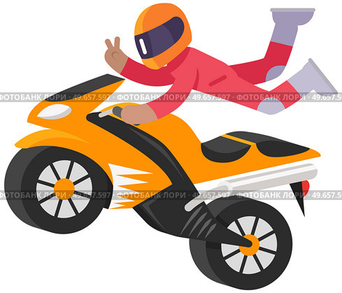 Young man in helmet riding motorcycle on white background. Hipster brave motorcyclist driving motorcycle on road doing stunts. Guy is engaged in extreme sports. Riding bike in park or motocross. Young man in helmet riding motorcycle. Motorcyclist driving motorcycle on road doing stunts. Стоковая иллюстрация, агентство Ingram Publishing / Фотобанк Лори