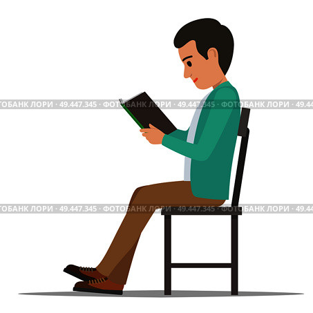 Young man reading textbook. Brown-haired male student seating on chair with book in hands flat vector isolated on white background. Enthusiastic reader illustration for educational and hobby concepts. Student Seating and Reading Textbook Flat Vector . Стоковая иллюстрация, агентство Ingram Publishing / Фотобанк Лори