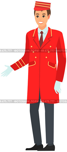 Young man working as bellboy. Hotel employee in work clothes. Personnel for carrying luggage and opening doors. Doorkeeper, doorman, receptionist, porter in red uniform isolated on white background. Man working as bellboy. Hotel employee in work clothes. Doorkeeper, doorman, porter in red uniform. Стоковая иллюстрация, агентство Ingram Publishing / Фотобанк Лори