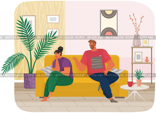 Young people quarreling at home. Guy yells at girl. Man is nervous woman offended, couple in bad relationship. Arguing, reprimanding, having argument fight. Family conflicts. Marriage crisis. People quarreling at home. Guy yells at girl. Man nervous woman offended, couple in bad relationship. Стоковая иллюстрация, агентство Ingram Publishing / Фотобанк Лори