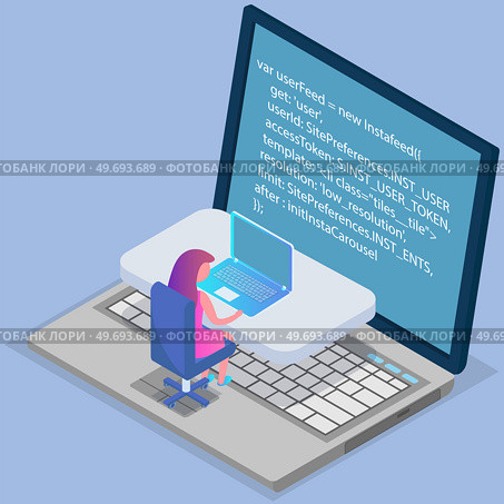 Young programmer coding new project on big laptop with command line. Woman looking at computer screen with program code. Programming or coding concept. Girl works with machine language development. Pogrammer with laptop coding new project command line. Woman looking at monitor with program code. Стоковая иллюстрация, агентство Ingram Publishing / Фотобанк Лори
