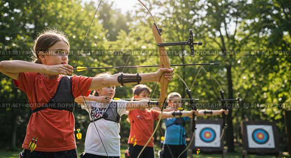 Young Russian archers aiming at targets in a lush forest setting. Стоковое AI-изображение, AI-художник Ольга Невская / Фотобанк Лори