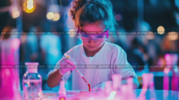 Young scientist conducting a chemical experiment, illuminated by vibrant neon lights in an imaginative laboratory setting. Стоковое AI-видео, аниматор Данила Большаков / Фотобанк Лори