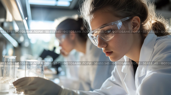 Young scientists conduct experiments in a laboratory, focusing on research and observations during the day. Стоковое AI-изображение, AI-художник Сергей Толмачёв / Фотобанк Лори